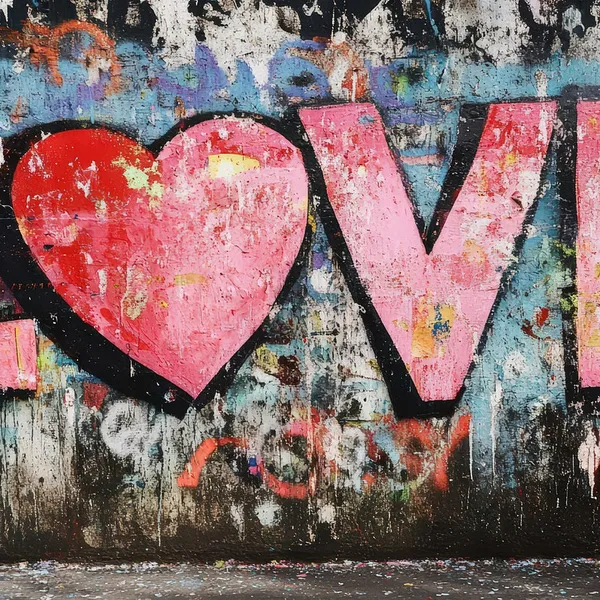 Wall of graffitti with the word love written over top in pink bubble letters.